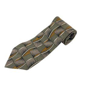 Gianno 100% Silk Mens Tie With Geometric Green & Gold Pattern Made In USA Busine